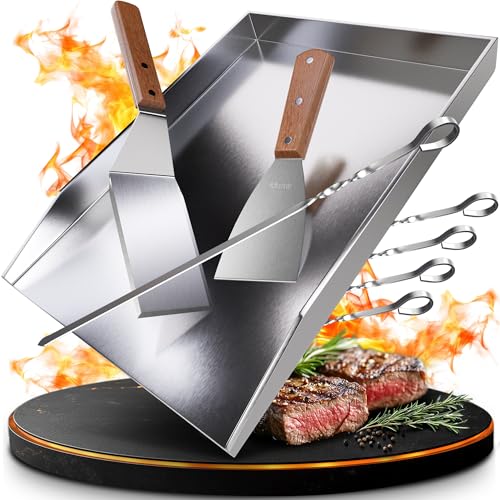 valuents Plaque de cuisson - Plancha en acier inoxydable épais - 40 x 30 cm - Convient pour barbecue à gaz et barbecue à charbon - Plus : brosse et spatule