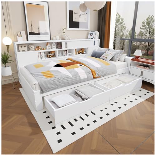Wyibwy Cama de matrimonio, 140 x 200 cm, cama multifuncional para niños con cajones, estantería y armario, espacio de almacenamiento debajo de la cama, sin colchón, cama de madera, color blanco