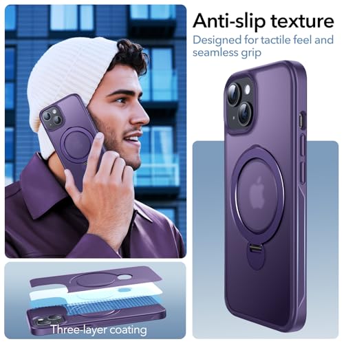 Coque iPhone 13/14 violette avec anneau rotatif 360 et support MagSafe