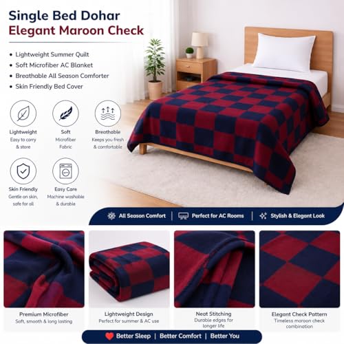 Image of Single Bed Dohar Royal Navy Maroon | Lightweight Summer Quilt | Soft Microfiber AC Blanket | Breathable All Season Comforter | Skin Friendly Bed Cover