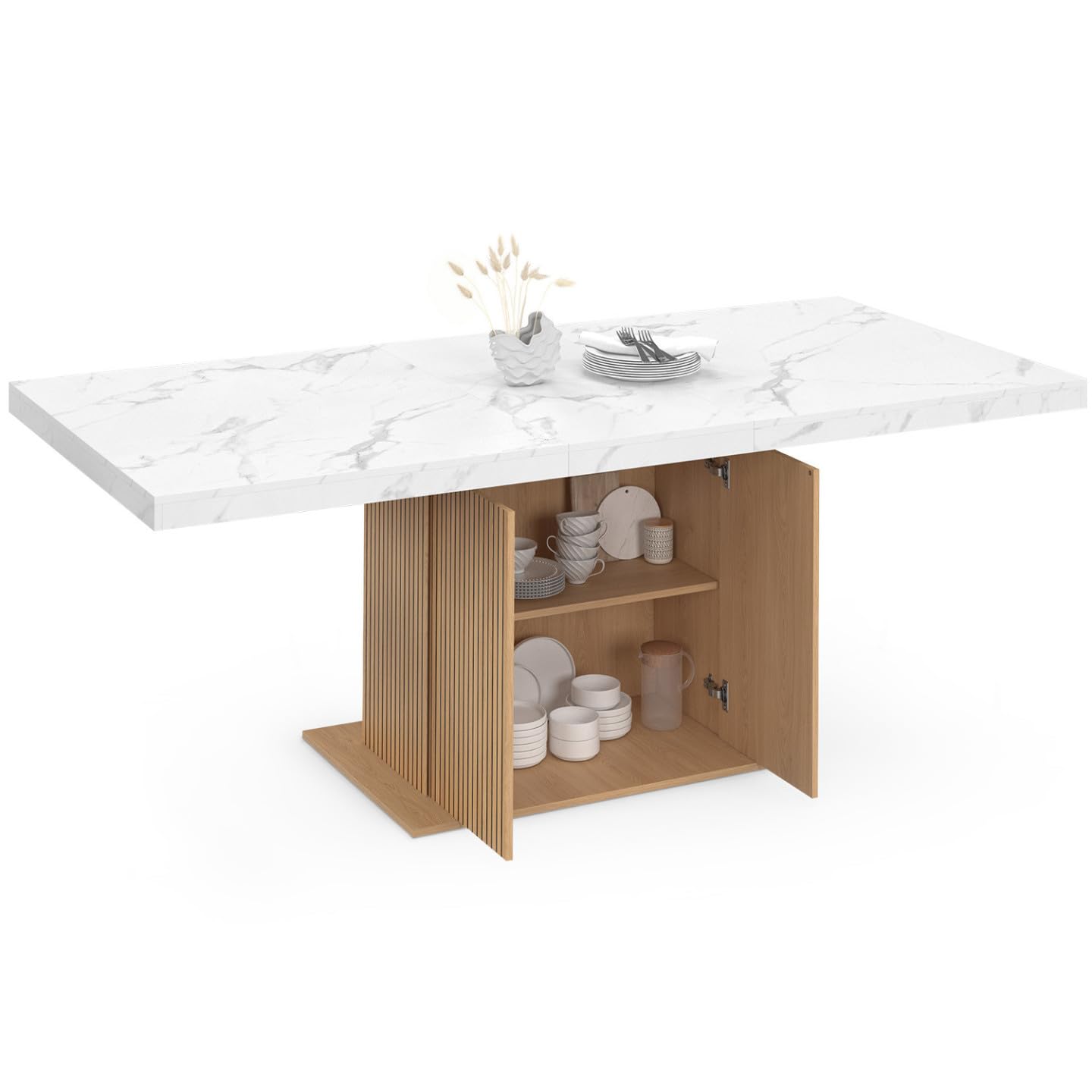 IDMarket – Tavolo da pranzo allungabile rettangolare Julieta 6-10 persone, vassoio effetto marmo, doghe in legno con spazio di archiviazione, 160-200 cm