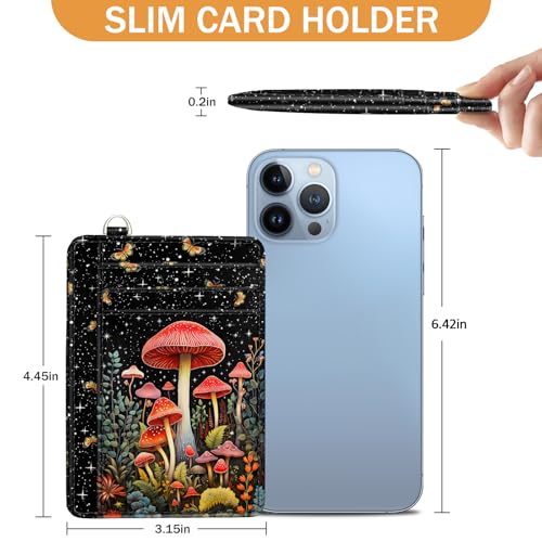 Image of Yonlevres Mushroom Credit Card Holder Slim RFID Wallet Women Small Travel | Front Pocket, Handy, RFID Blocking, Woman Girls Ladies Gifts, D-ring for Keychain,Thin Mini Card Case, ID Window, PU Leather