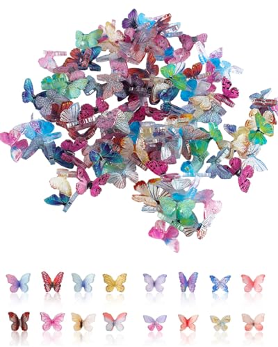 JEXOWIQ 50pcs Mikro Schmetterling Resin,Sortiert Bunte Kleine Schmetterlinge Deko Miniaturen Puppenhaus Zubehör 3DSchmetterling Nagel Charms Landschaftsdekorationen zum Basteln Feenhaus