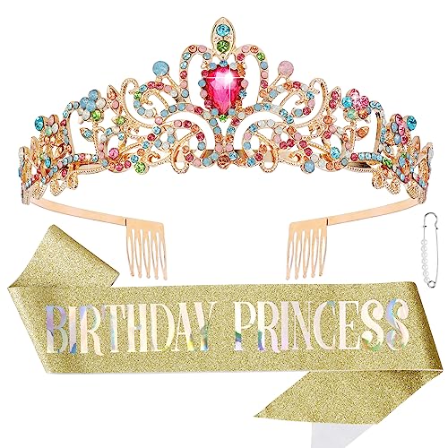 CIEHER Princess Crown &amp; Sash Set, Rhinestone Tiara &amp; Glitter Fabric Sash, Birthday Decorations for Girls, 3 Piece Set, Women Hairband Accessory