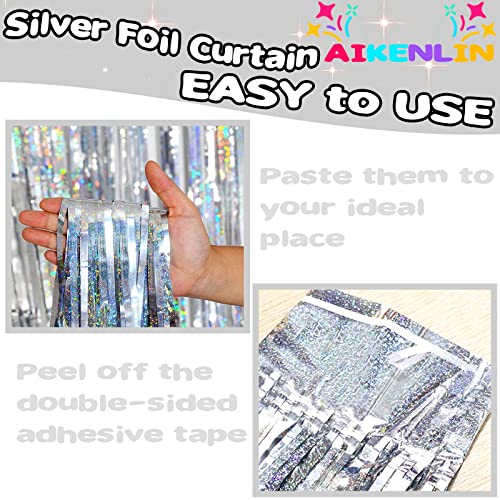 Image of 4 Pack 3.2Ft x 8.2Ft Silver Foil Fringe Curtain Backdrop, Metallic Tinsel Foil Fringe Streamers Curtains Background for Photo Booth, Birthday, Wedding, Disco, Bachelorette, Christmas Party Decoration