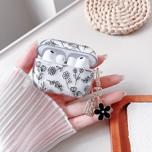 Image of MINSCOSE Compatible with AirPods Pro 3rd Generation Case (2025) with Cleaner Kit,Cute Flower Floral Aesthetic Design with Flowers Keychain for Girls Women for Airpods Pro 3-Black