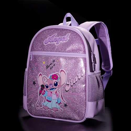 Image of Disney Stitch Angel Girls Backpack for Elementary Kindergarten, Medium 12L | Glitter Water-Stain-Tear-Resistant, Lightweight 350g, Ergonomic Padded Adjustable Strap, Chest Strap Support Large Capacity