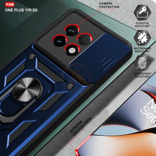 Image of Armor Bumper Back Cover Case for OnePlus 11R 5G Rotating Camera Cover, Ring Holder & Kickstand | Heavy Duty & 360 Degree Protection OnePlus 11R 5G Back Cover (Blue)
