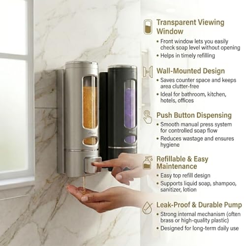 Image of ALTURAS Wall Mounted Liquid Soap Dispenser, ABS, 400 ML, for Shampoo, Sanitizer and Gel Handwash Dispenser (400 ML Black and Silver)
