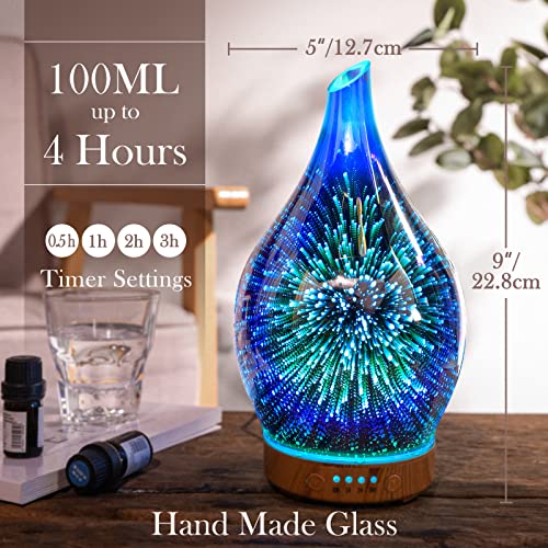Porseme Essential Oil Diffuser 3D Glass Aromatherapy Ultrasonic Humidifier, Air Refresh Auto Shut-Off, Timer Setting, Bpa Free For Home Hotel Yoga Leisure Spa Gift 100Ml Last 4H #TOP1