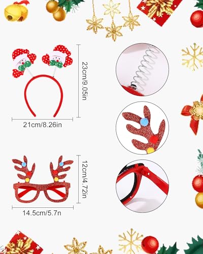 SOBEAU 14 Stück Brillen Haarreif Weihnachten,Weihnachtsbrillen Partybrillen Spassbrillen Weihnachten Rentier Kostüm Stirnbänder Tannenbaum & Weihnachtsmann Kopfbedeckung