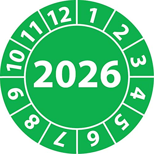 Roczna plakietka kontrolna 2026, folia winylowa, samoprzylepna, naklejka kontrolna, roczna plakietka na rok 2026 (35 mm Ø, zielona, 250)