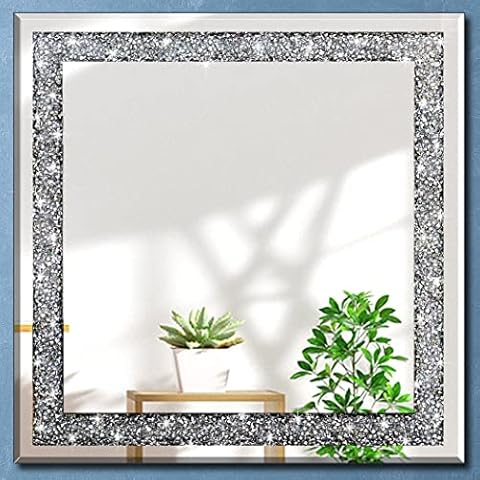 QMDECOR Crystal Crush Diamond Square Silver Mirror for Wall Decoration 23.5x23.5x1 inch Wall Hang Frame Less Mirror Acrylic Diamond Décor Cover
