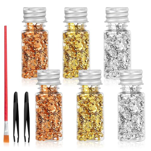 Blattgoldblätter Goldfolienflocken Gold Folien Flocken Blattgold Goldflocken mit Pinzette und Pinsel zum Dekorfolie DIY Basteln Nägel Schmuck Machen Dessert Backen Kuchen Torten Schokolade 6 Flaschen