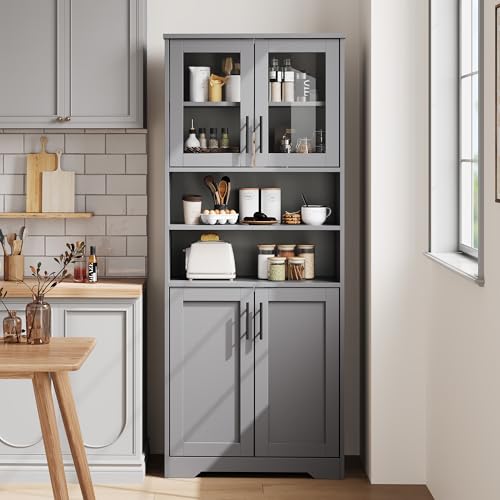 GarveeHome 67" Tall Storage Cabinet, Tall Bathroom Cabinet with Glass Doors and Adjustable Shelves, Freestanding Kitchen Pantry Cabinets, Cupboard for Living Room, Dining Room, Gray