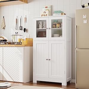 Bathroom Cabinet, Storage Cabinet with Adjustable Shelves & Glass Doors, Freestanding Floor Cabinet Cupboard for Living Room, Home Office White Bathroom Cabinet Storage Cabinet with Adjustable Shelves Glass Doors Freestanding Floor Cabinet Cupboard for Living Room Home Office White