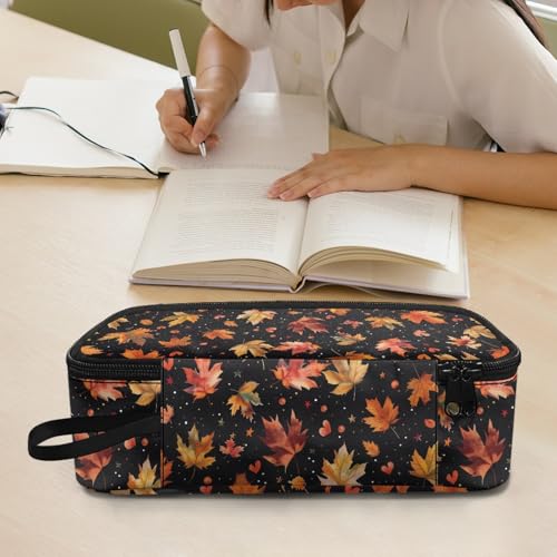 Image of Maple Leaves Kids Pencil Case for Boys Girls Large Pencil Pouch,Fall Pencil Container for 5-14 Years Children Pencil Bag for School Students Teenagers Pencil Organizer for Daily,Black