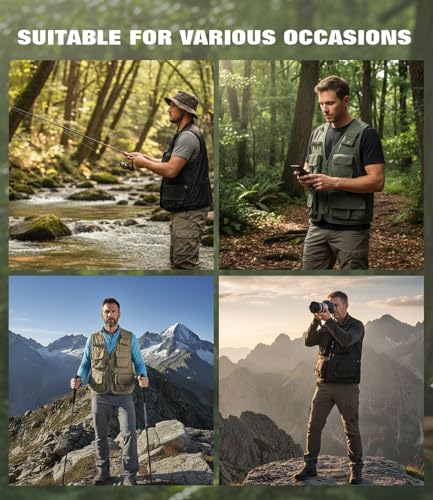 KTWOLEN Herren Anglerweste Sommer Leicht Schnelltrockenweste Funktionsweste Outdoor Fotografie Hundesport Weste Ärmellos Safari Weste mit Viele Taschen, Grün, 3XL