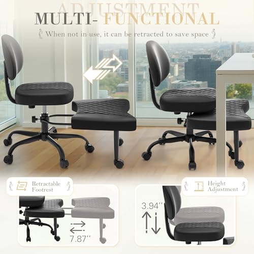 Image of Furmax Ergonomic Criss Cross Legged Office Chair with Wheels, 360Swivel Adjustable Height Kneeling Desk Chair with Footrest for ADHD, Yoga, Meditation, Home Office (Leather, Black)
