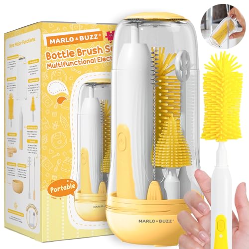 Image of Marlo & Buzz Electric Baby Bottle Brush Cleaner Set, Rechargeable Waterproof Silicone Brushes with Large Bottle Brush, Nipple Brush, Straw Brush, Milk Stirrer, Drying Rack (Yellow)
