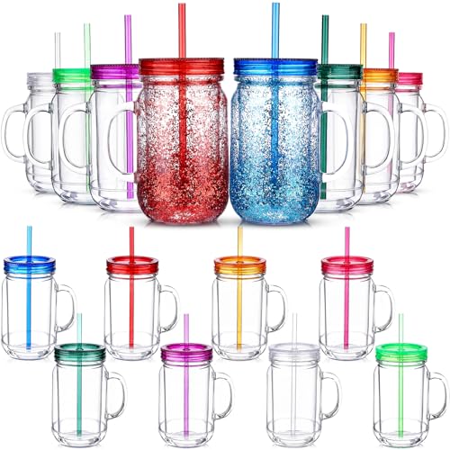 Nuenen 16 Pcs 20 oz Bulk Plastic Snowglobe Tumbler with Handle, Snow Globe Cups with Pre Drilled Hole, Double Wall Plastic Mason Jars with Handle for Snow Globe Glitter DIY Gift Supplies, Wide Mouth