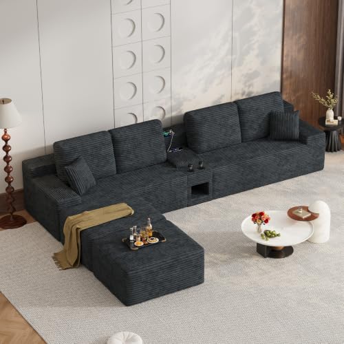 Image of 150 inch Oversized U-Shaped Modular Sectional Sofa | Multi Functional Console,Wireless Charging,6-Seater Upholstered Couch with USB and 2 Cup Holder,Easy Assembly,for Living Room