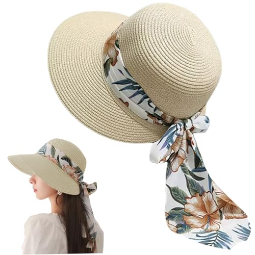 Sombrero de Paja para Mujeres con Borde de Borde Ultravioleta de Cubo con Cinta Floral y Transpirable Absorbente del Sol Absorbente para el Verano, Playa, excursión