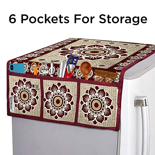 Image of Polyester Fridge 3-Layered Refrigerator Top Cover with 6 Side Pockets Dustproof Washable Kitchen Appliance Protector (Maroon, 39x21 Inch)