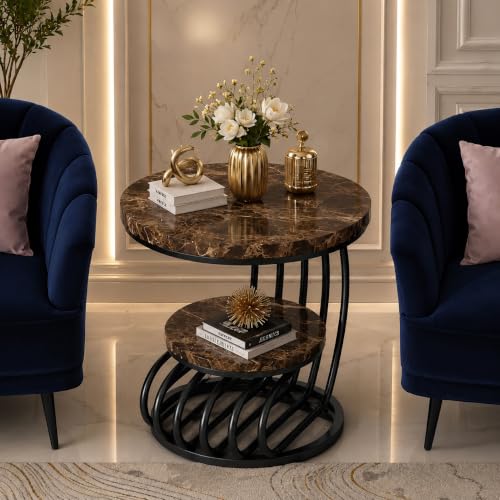 Image of Modern Double-Top Coffee Table with Rustic Farmhouse Accent, Multipurpose Living Room Bedroom, Two-Tier Small Sofa Side Bedside Table with Metal Frame Nightstand (Black Brown Mg)