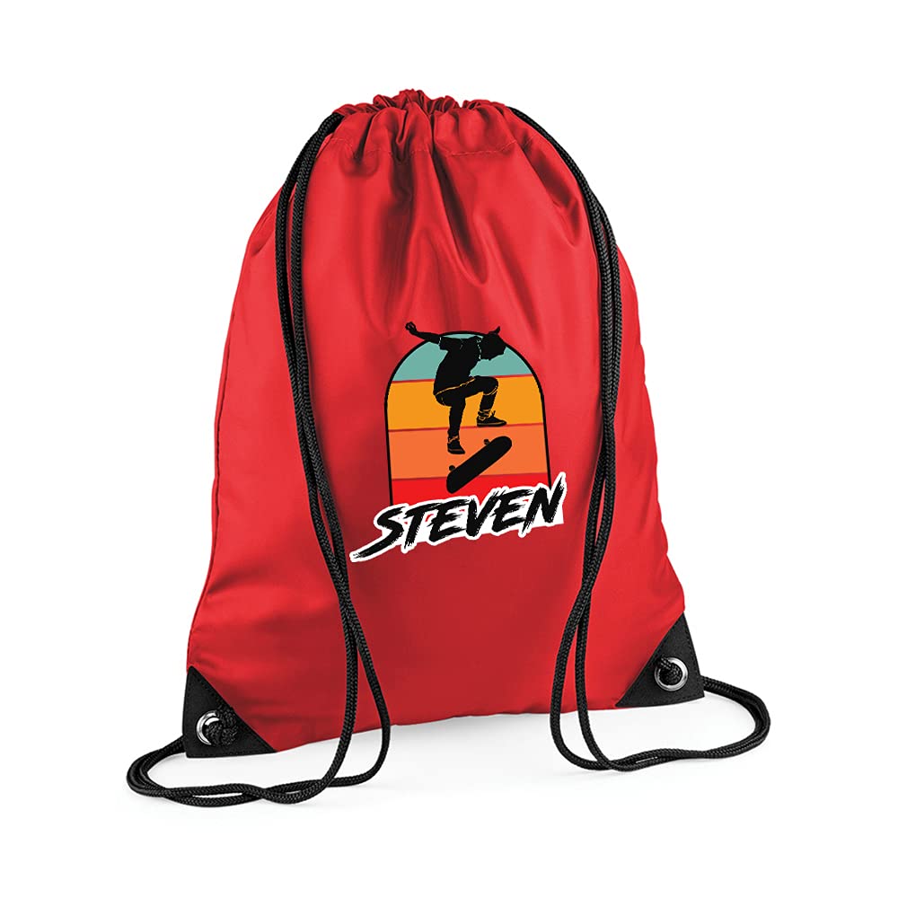 Getagift Personalised ANY NAME Skateboarding, Silhouette Skater, Skateboarder Gift for Kids Boys/Girls/Children, Drawstring Bag, PE Gym Kit School, Swimming, PE Kids Sport Rucksack. (Bright Red)