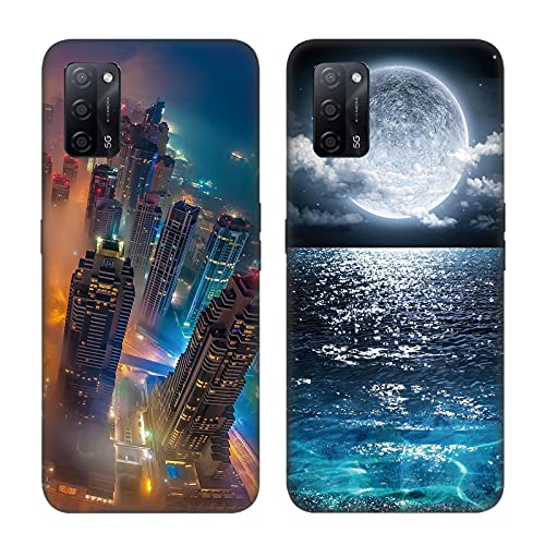 DiaryTown 2 Piezas para Fundas OPPO A55 5G / OPPO A54 4G Carcasa TPU Silicona Suave, con Diseño Bonito Cubierta Protectora Antigolpes Negro Case para OPPO A55 5G - Ciudad & Moon Lake