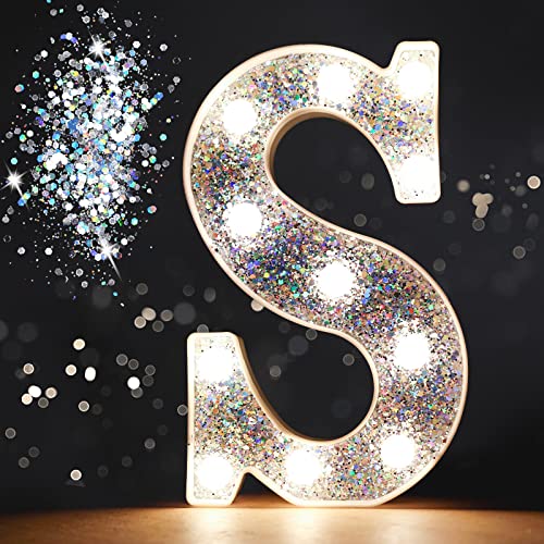 Pooqla Letras con luces LED de marquesina, letras plateadas iluminadas con purpurina, letras del alfabeto, funcionan con pilas, para luz nocturna, fiesta de cumpleaños, boda, decoración del hogar,