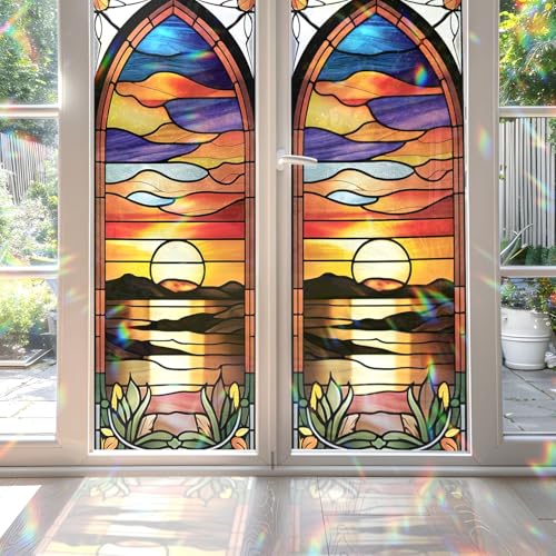 Sunset Stained Glass Window Film, Decorative Sunset Stained Glass Window Film, Sunset Stained Glass Window Film for Bathroom Door Heat Anti UV