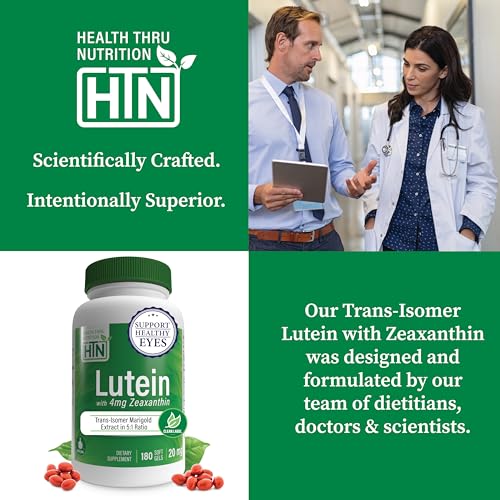 Image of Lutein 20mg with Zeaxanthin 4mg 180 Softgels | Trans-Isomer Marigold Extract in Nature Identical 5:1 Ratio | Supports Healthy Eye, Skin and Brain | Non-GMO Soy & Gluten Free | by Health Thru Nutrition