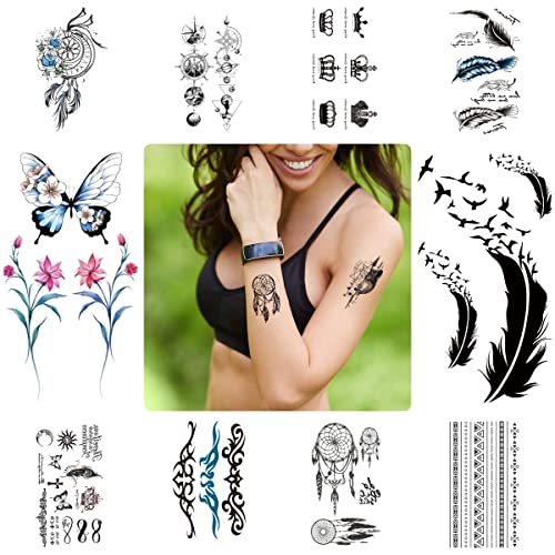 Temporary Tattoo Stickers For Women,Fake Tattoos Waterproof Body Art Arm Sketch Tattoo Stickers Dream Catcher Peacock Feather Words Flower 3D Realistic Tatoo Stickers For Rs. 199 @ 80 %