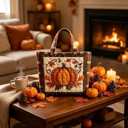 Vintage Quilted Tote Bag With Pumpkin Print, Handbags For Women, Fall Bag - image 5