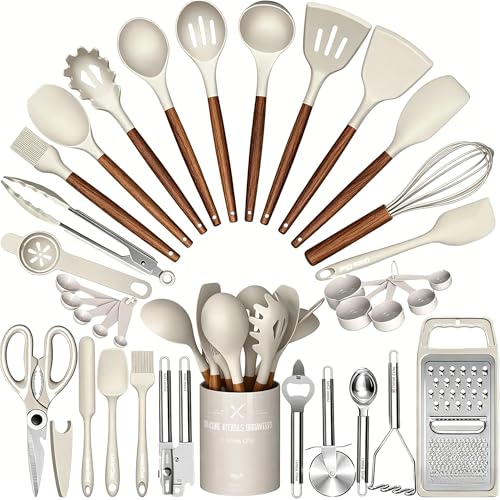 Thickened Silicone Cooking Utensils Set with Natural Wooden Handle- Umite Chef Khaki Kitchen Utensils Set, 34PCS Heat Resistant Kitchen Gadgets Tools Set, Kitchen Spatula Set for Nonstick Cookware
