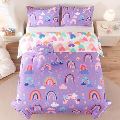 Image of Rainbow Girls Bedding Set Twin Size, Love Hearts Rainbow Comforter Set Twin Purple Bedding Sets for Girls Kids