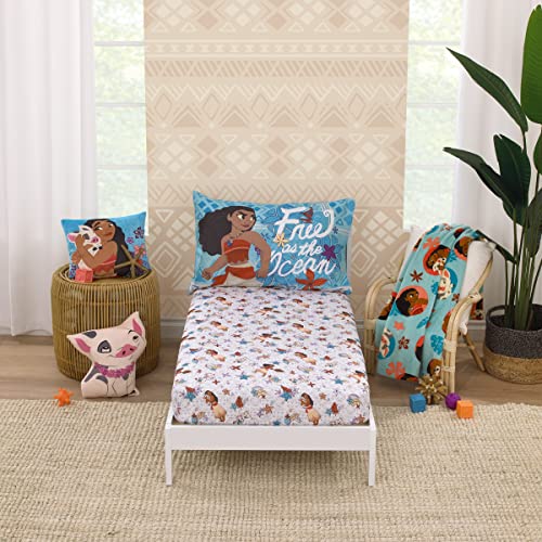 Disney Moana Free as the Ocean Aqua Purple Orange and White Tropical 2 Piece Toddler Sheet Set - Fitted Bottom Sheet and Reversible Pillowcase