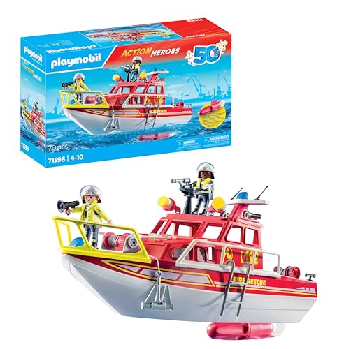 PLAYMOBIL Action Heroes 71598 Feuerlöschboot, Rettungsmission auf dem Wasser, schwimmfähiges Boot mit abnehmbarem Dach und Zubehör, actionreiches Spielzeug für Kinder ab 4 Jahren