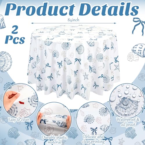 Image of Chumia 2 Pcs Coastal Tablecloth White and Blue Bachelorette Tablecloth Disposable Plastic Waterproof Table Covers Dinner Party Setting Floral Wedding Bridal Home Party(Round Shell)