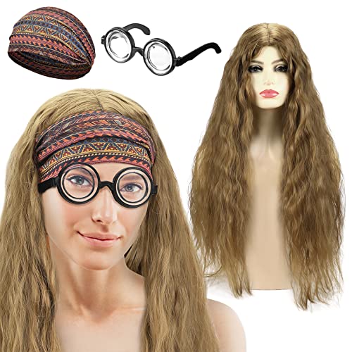 Tigeen 3 Pcs Halloween Costume Professor Nerd Dress up Costume Set Wig Halloween Movie Cosplay Punk Wig Thick Lens Nerd Glasses Blonde Long Curly Fluffy Hair Boho Wide Headbands for Women Cosplay