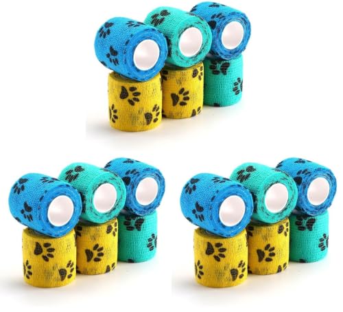 Image of WePet Pet Wrap, Self-Adhesive, Only Sticks to Itself, Non-Woven Tape for Dog Legs, Paws, Wounds, First Aid Cohesive Gauze for Horse, Cat, Bird, Animal, 6 Rolls, 2 Inch, Pawprints A (Pack of 3)