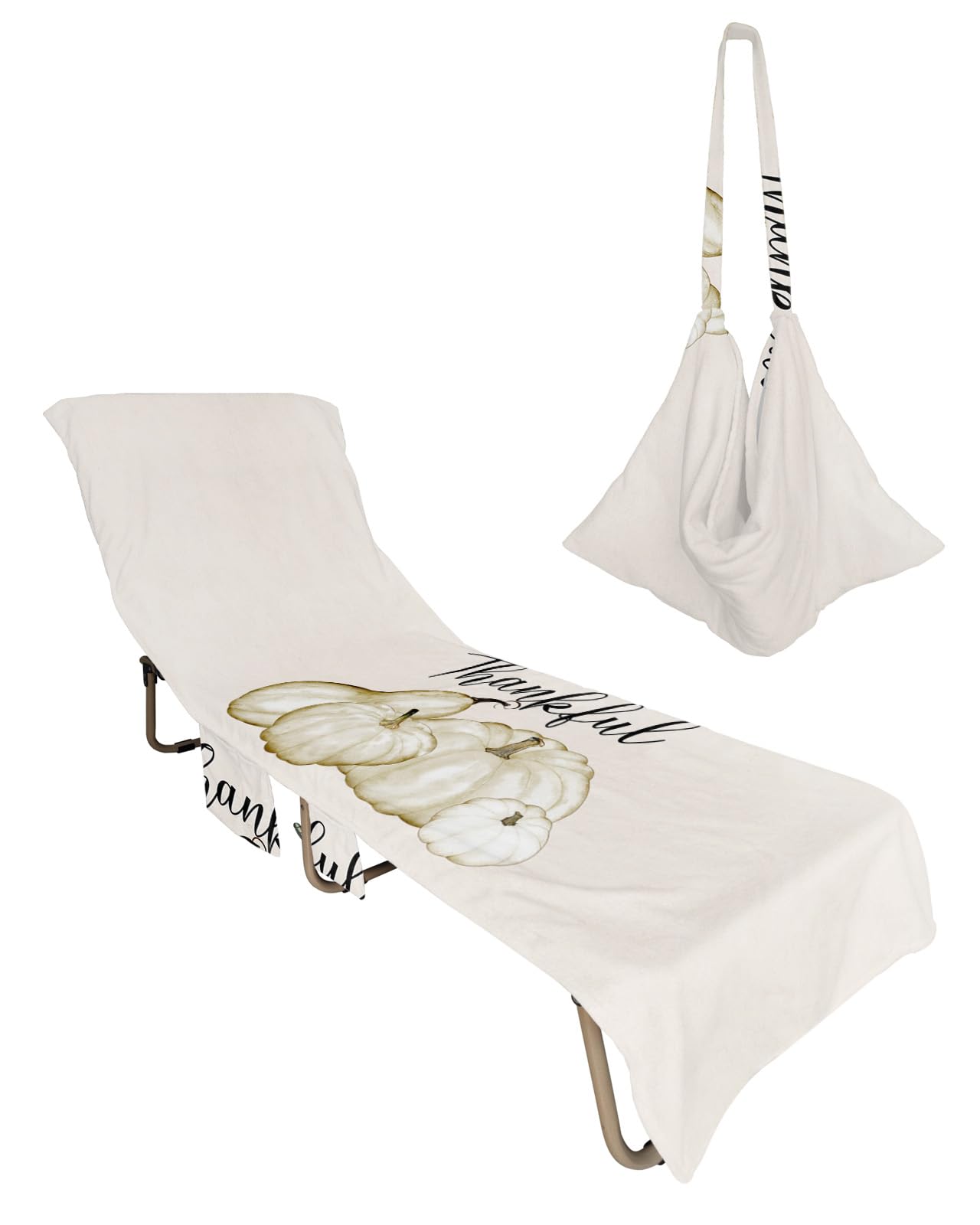 Thanksgiving Pumpkin Beach Chair Towel Covers for Chaise Lounge with Side Pocket, Soft Plush Pool Towels Cover for Patio Sunbathing Outdoor 29''x85'' Harvest Fall Festival Give Thanks White