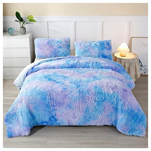PERFEMET Blue Faux Fur Comforter Set Twin Size, 3Pcs Tie Dye Rainbow Fluffy Comforter Bedding Set, Plush Shaggy Flannel Velvet Furry Bed Comforter Set for Girls (Blue Ombre, Twin)
