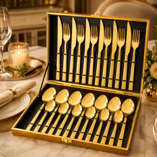 Kit Faqueiro Maleta de Talheres Inox 24 Peças Dourado Luxo Mesa Posta com Estojo Elegante para Jantar, Churrasco, Cozinha e Decoração de Mesa
