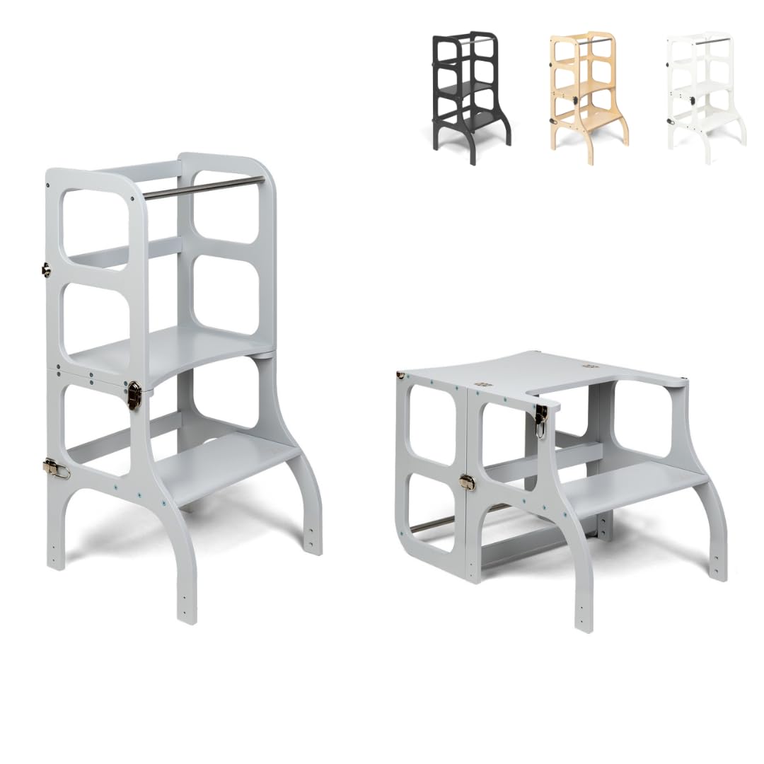 Torretta pieghevole con seduta, altezza in piedi 45 cm, Sgabello, sgabello pieghevole, torre montessoriana con seduta e tavolo pieghevole, legno betulla, verniciato UV, grigio con finiture argento