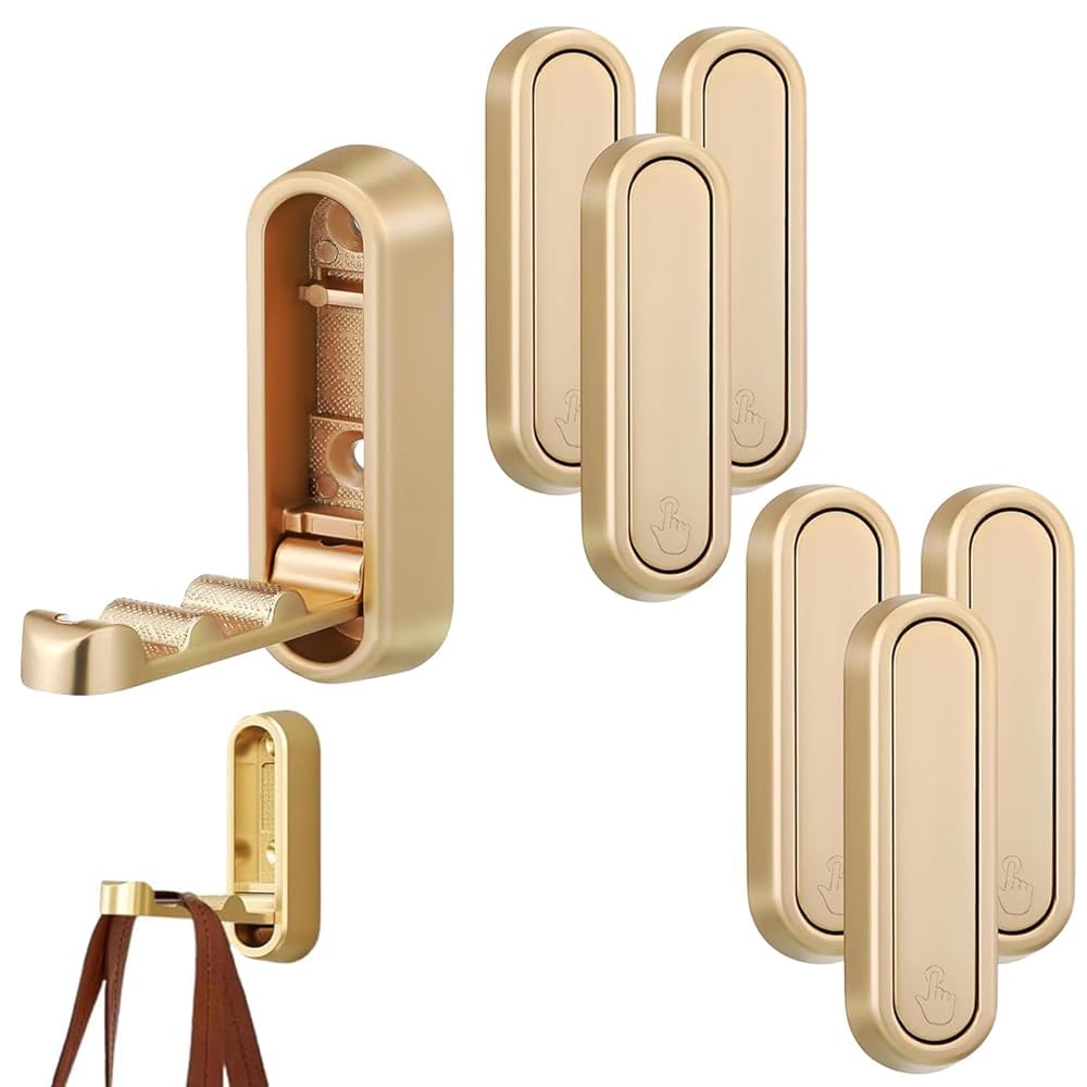 6pcs Foldable Wall Hooks for Hanging, Folding Hooks Wall Mount of Zinc Alloy, Heavy Duty Gold Foldable Wall Hook for Bathroom Kitchen, Flip Down Hook for Walls Hanging Coat, Bag, Towel (6-pcs gold)