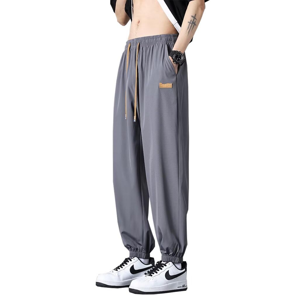 Men's Cool Touch Jogger Pants, Long Pants, One-Point, Loose Fit, Jersey Bottoms, Goose Pants, Easy Pants, Casual, Cool to the Touch, Breathable and Quick-Drying, For Spring, Summer, and gray (dark gray) Large