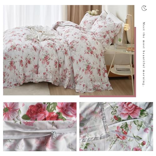 Image of VM VOUGEMARKET Rose Flower Duvet Cover Set Queen Romantic Girls Ruffle Bedding Set Soft Microfiber Botanical Duvet Cover with 2 Pillow Shams